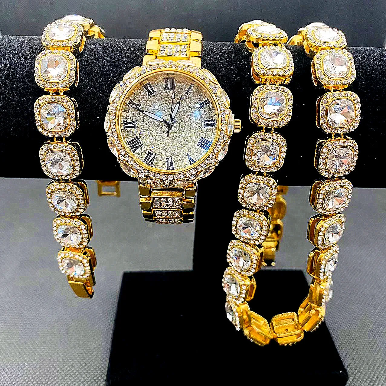 Top Trends: 3pcs Iced Out Watches For Women Gold Wristwatch Sliver Link Chain Bracelet Necklace Choker Bling Jewelry For Female Quartz Reloj Shoppable Styles