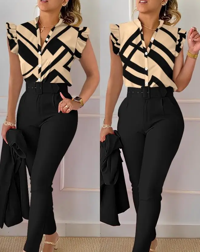 Top Trends: Women's Pant Set 2023 Summer Fashion Geometric Print Ruffle Sleeve Top And Pants Set With Belt Elegant Office Suit Shoppable Styles