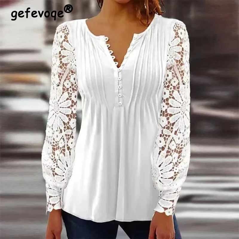 Top Trends: Spring Autumn 2023 Fashion Elegant Sexy Hollow Lace Patchwork Long Sleeve Buttons T Shirts Women Casual Solid V Neck Tunic Tops Shoppable Styles