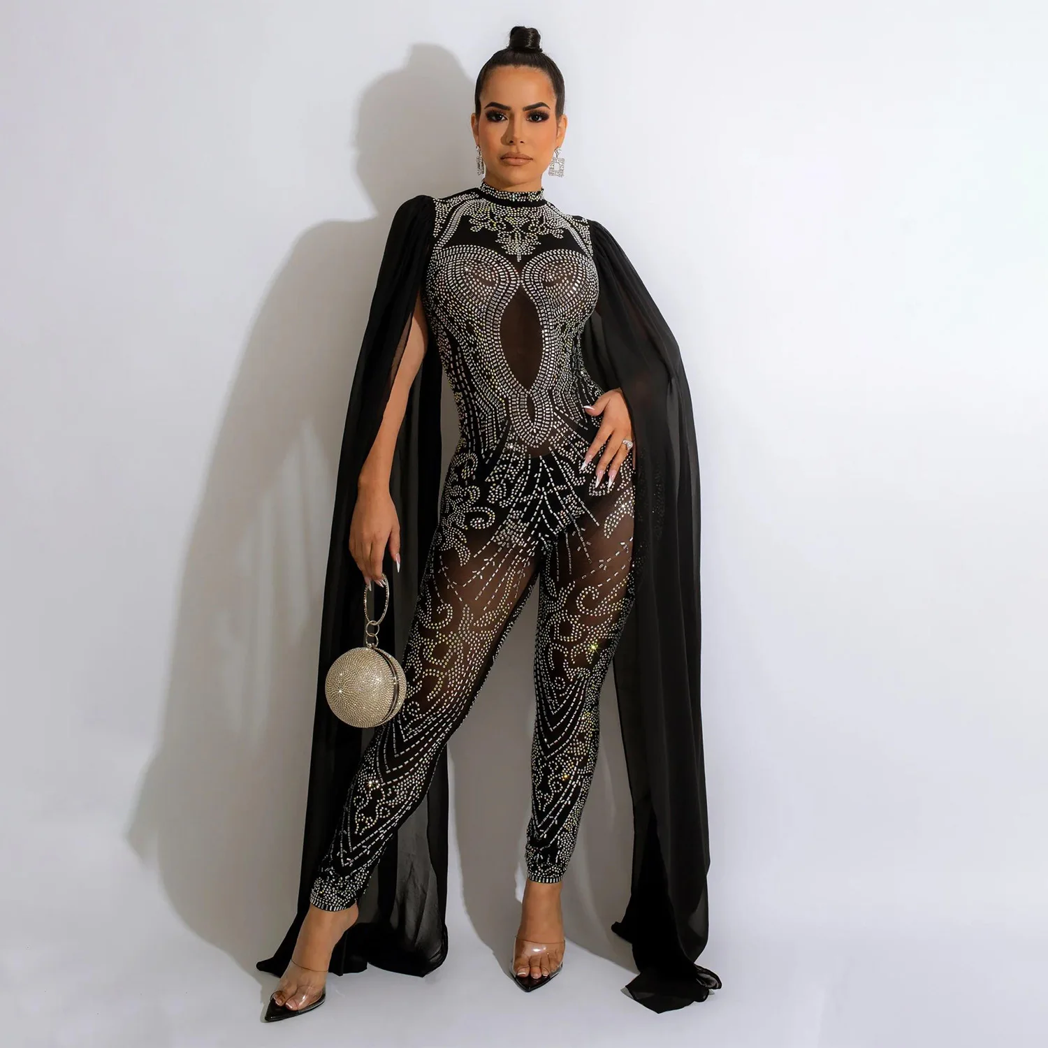 Top Trends: Sparkle Black Rhinestones Mesh 2023 New Shift Long Sleeve Jumpsuits Women Rompers Glitter Skinny Crystal Jumpsuits Clubwear Shoppable Styles