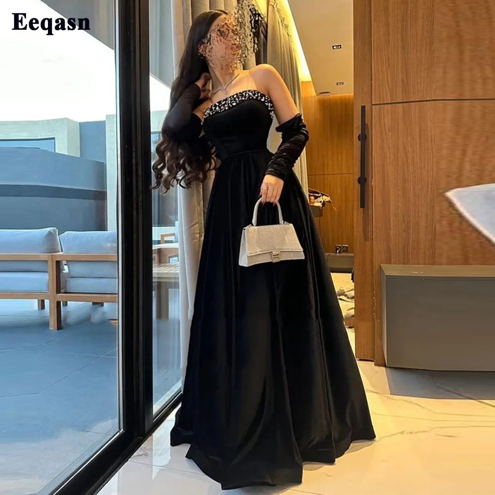 Top Trends: Eeqasn Black A Line Velvet Prom Party Gowns For Women Saudi Arabia Crystal Long Sleeves Strapless Formal Evening Dresses Shoppable Styles