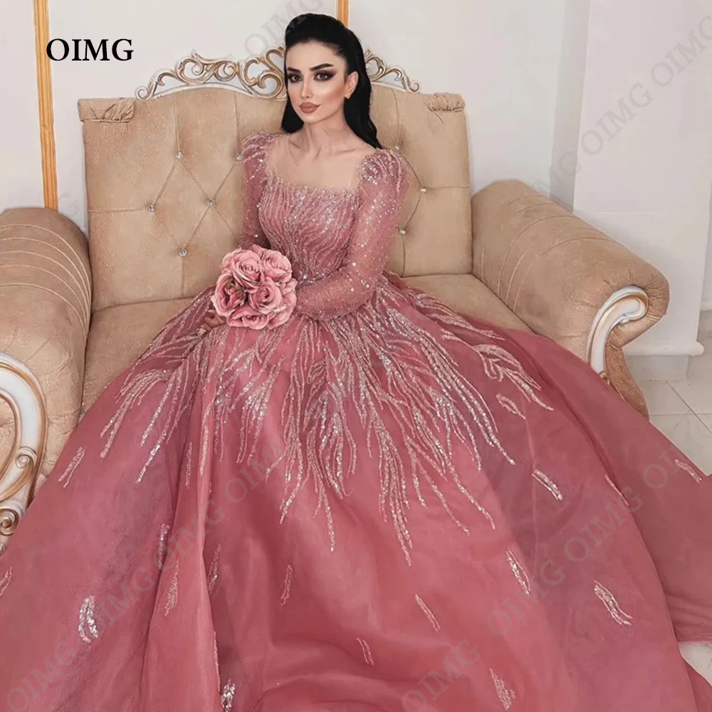 Top Trends: OIMG Strapless Pink Organza Woman Wear Evening Dresses Gowns Shiny Sequins Beads Prom Dress Formal Event Long Pretty Gowns Shoppable Styles