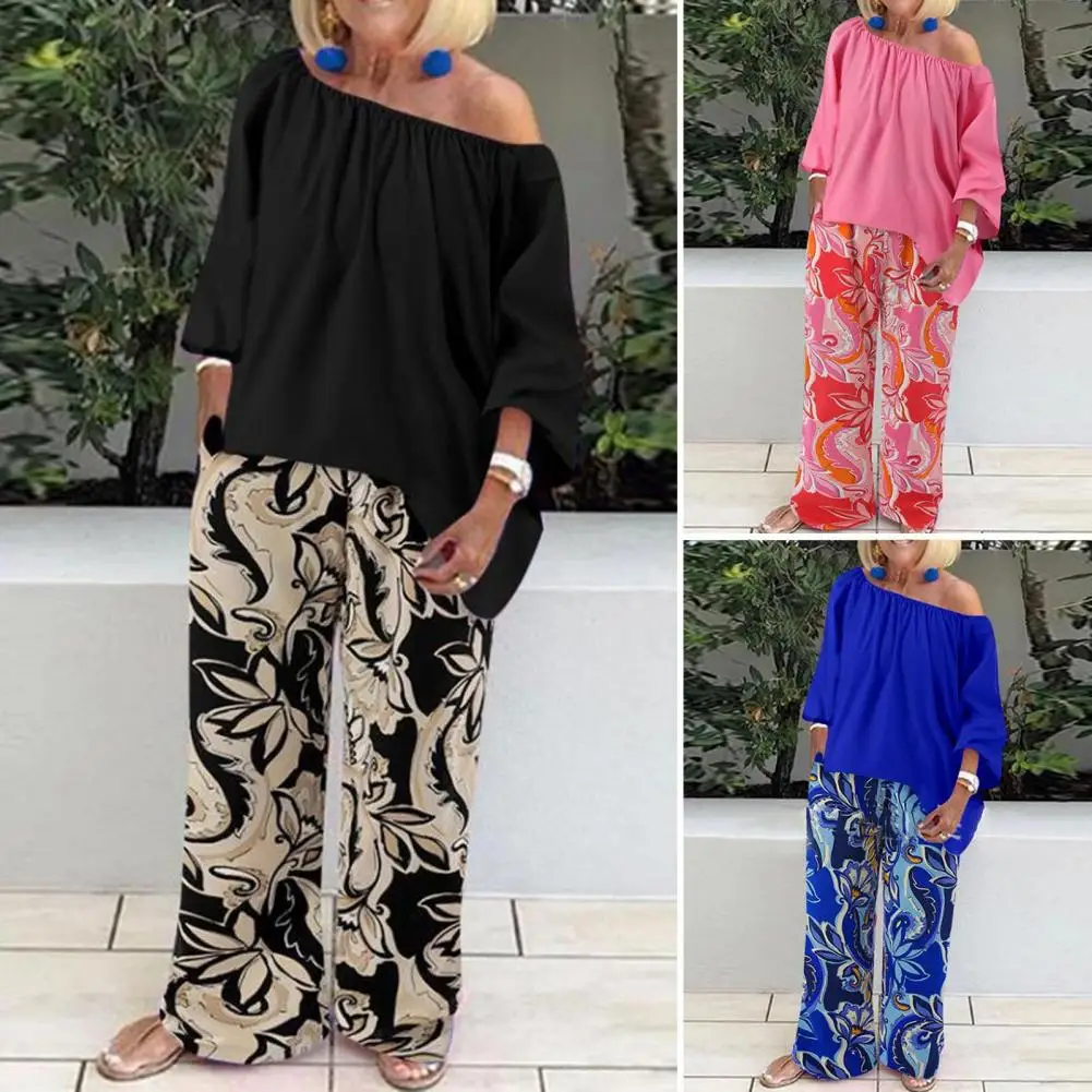 Top Trends: 2Pcs Women Tops Pants Set Solid Color Top Long Sleeves Blouse Loose Elastic Floral Print Wide Leg Trousers Suit Female Clothes Shoppable Styles