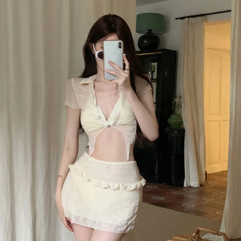 Top Trends: 2023 Women Two-Piece Swimwear Swimsuit White Korean Style 2 Piece Beach Wear Swimsuit Set With Skirt And Cardigan Shoppable Styles