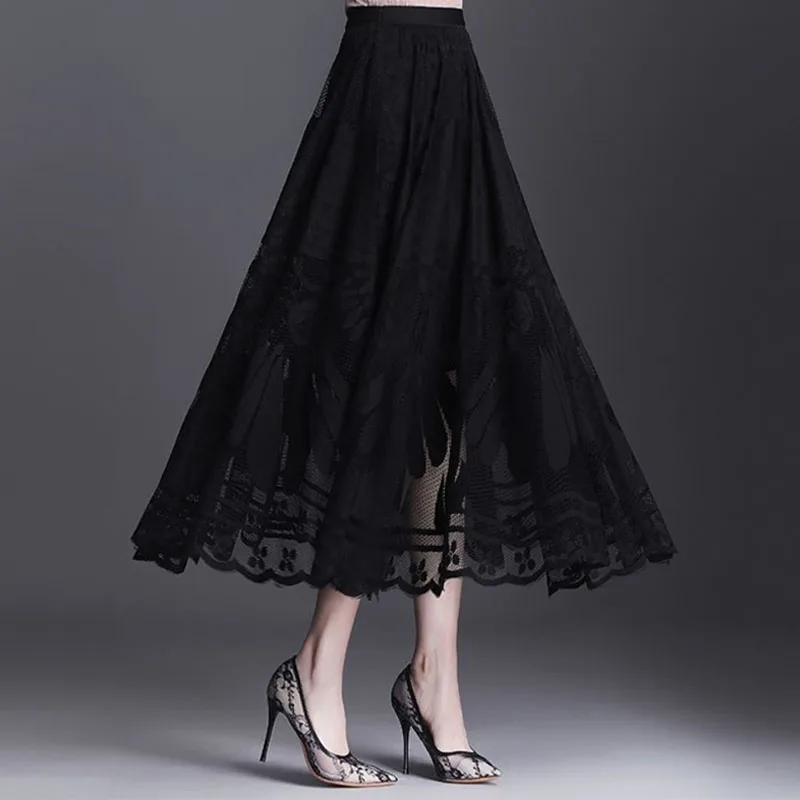 Top Trends: Women's Clothing Elegant Fashion Lace Spliced Mesh Skirt Autumn All-match Elastic High Waist Casual Solid Color Skirt For Female Shoppable Styles - Image 5