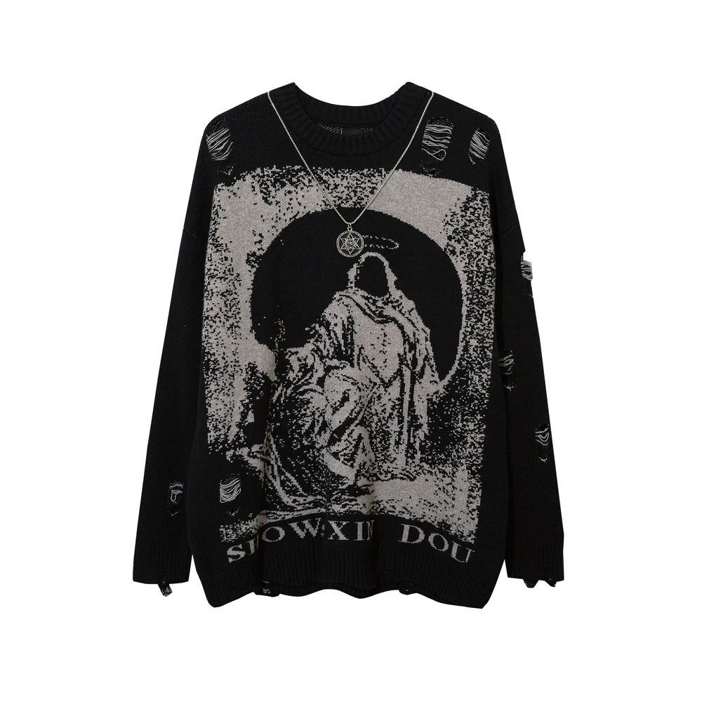 Top Trends: With Necklace Ripped Oversized Sweaters Frayed Knitted Black Goth Men Y2k Grunge Women Vintage Sweater Harajuku Tops Pullovers Shoppable Styles