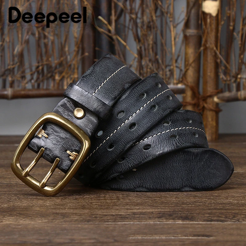 Top Trends: 1Pc Deepeel 3.8*105-125cm Double Needle Buckle Belt Men&#039;s Genuine Leather Pure Cowhide Belts Luxury Thick Retro Jeans Waistband Shoppable Styles