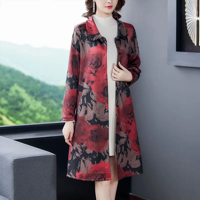 Top Trends: 2023 Autumn And Winter Ethnic Style Printed Fashion Retro Loose Casual Oversize Mid To Old Age Women&#039;s Knee Length Trench Coat Shoppable Styles