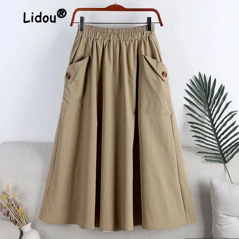 Top Trends: Vintage Fashion Pocket Button Swing A-line Skirt Women High Quality Elastic Waist Solid Color Casual Lady All-match Skirt Shoppable Styles