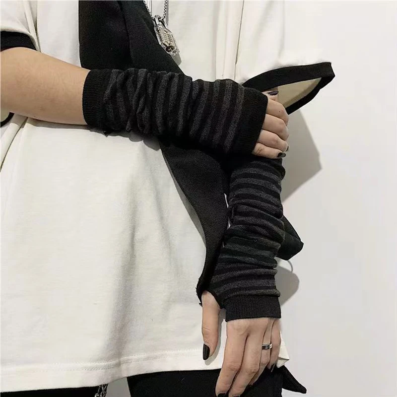 Top Trends: Long Fingerless Gloves Punk EMO Style Warmer Knitted Y2K Arm Warmers Streetwear Striped Elbow Gloves Elbow Mitten Christmas Gift Shoppable Styles