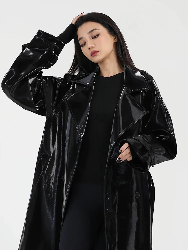 Top Trends: Shiny Patent Leather Turn-down Collar Trench Coat With Belt For Women Gothic Faux Latex PU Long Sleeve Overcoat Winter Custom Shoppable Styles