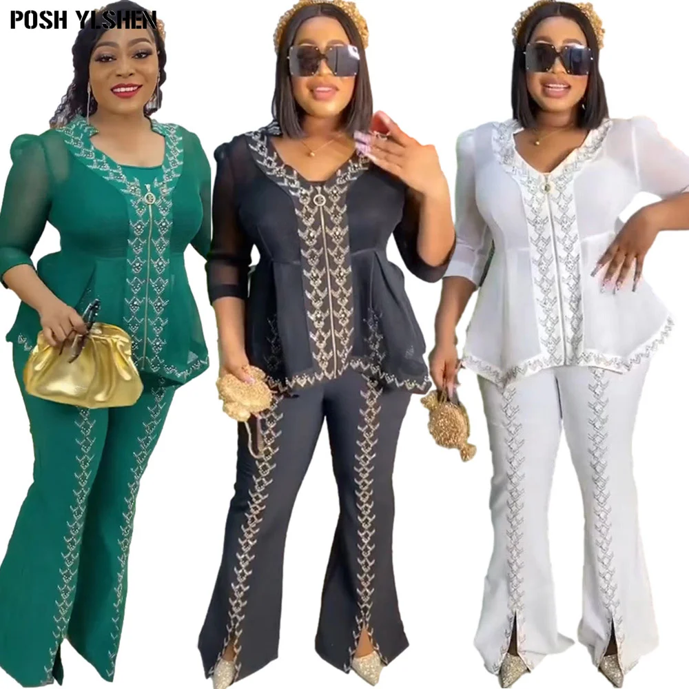 Top Trends: 3 Pieces Set Women Tracksuit Summer Clothes African Dresses For Women Casual Party Diamonds Tops Split Flare Pants Suits Outfits Shoppable Styles