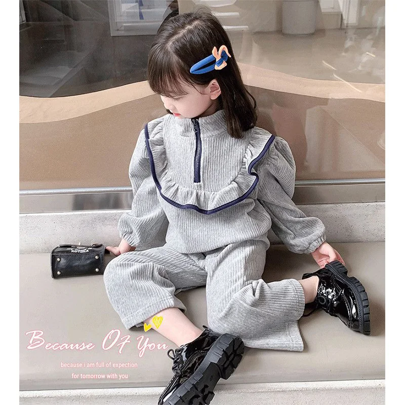 Top Trends: Spring Autumn Korean Vintage Harajuku Girls' Two Piece Set Fashion Sweet Children's Clothing Kawaii Solid Tops And Long Pants Shoppable Styles