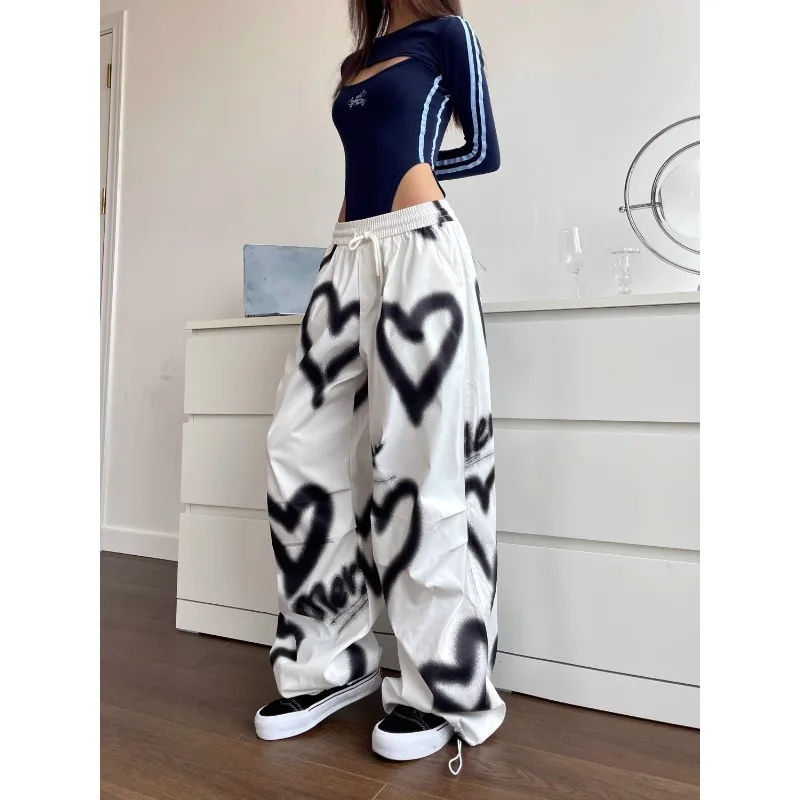 Top Trends: American Hot Girl Hip Hop Love Graffiti Elastic Waist Drawstring Wide Leg Pants Loose Casual High Street Y2k Floor Mopping Pants Shoppable Styles