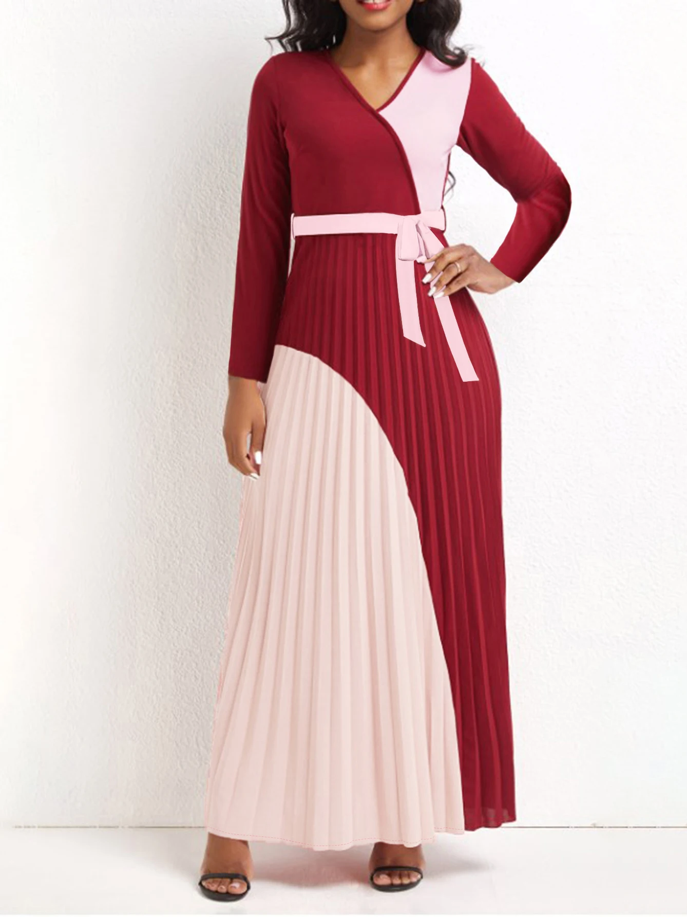 Top Trends: LW Bandage Design Pleated A Line Maxi Dresses Waist Lace Up Patchwork Red And Pink Color Block Elegant Office Lady Vestidos Shoppable Styles