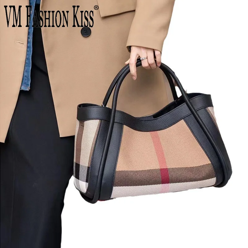 Top Trends: VM FASHION KISS Stripes Canvas+ Genuine Leather 2024 Popular Women's Bags Large Shoulder Messenger Bag Luxury Designer Handbags Shoppable Styles