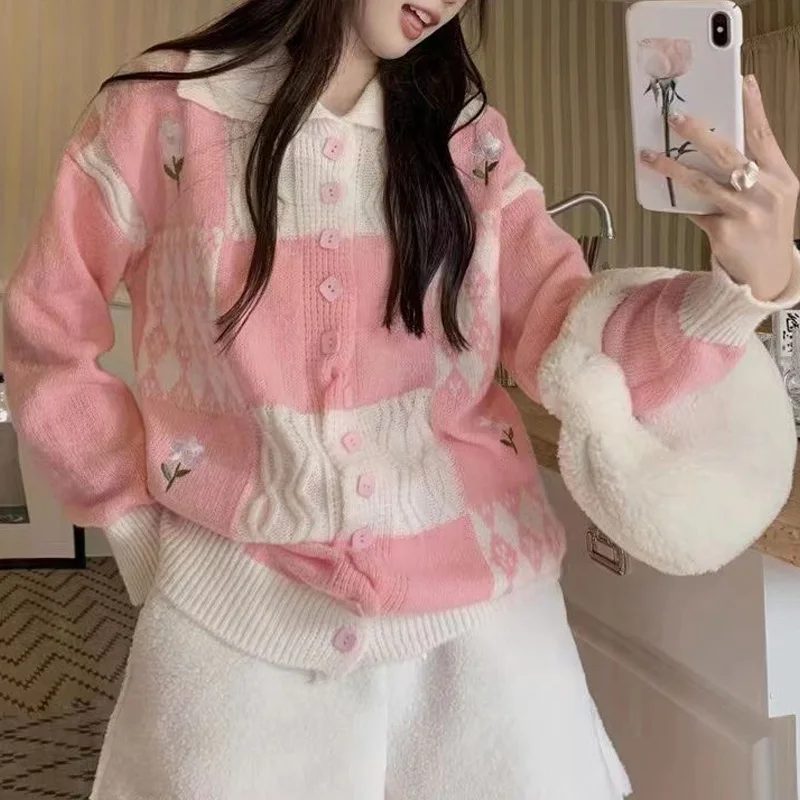 Top Trends: 2023 New Autumn And Winter Gentle Style Soft Glutinous Embroidered Floral Lapel Contrast Lazy Style Knitted Sweater Cardigan Shoppable Styles