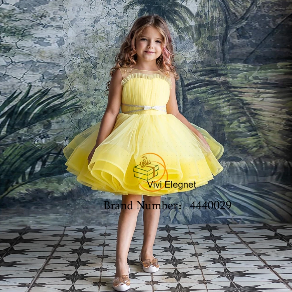 Top Trends: Scoop Organza Tiered Flower Girl Dresses Yellow Sleeveless Tutu Wedding Party Gowns For Princess With Bow Belt Vestidos De Novia Shoppable Styles