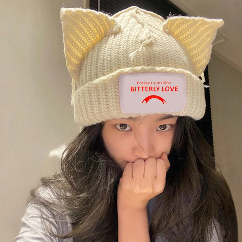 Top Trends: Popular Knitted Cat Ear Hat Double-layer Warm Lover Boy Pig Ear Woolen Hat Cute Hooded Cap Niche Hip-hop Winter Pullover Hat Shoppable Styles - Image 2