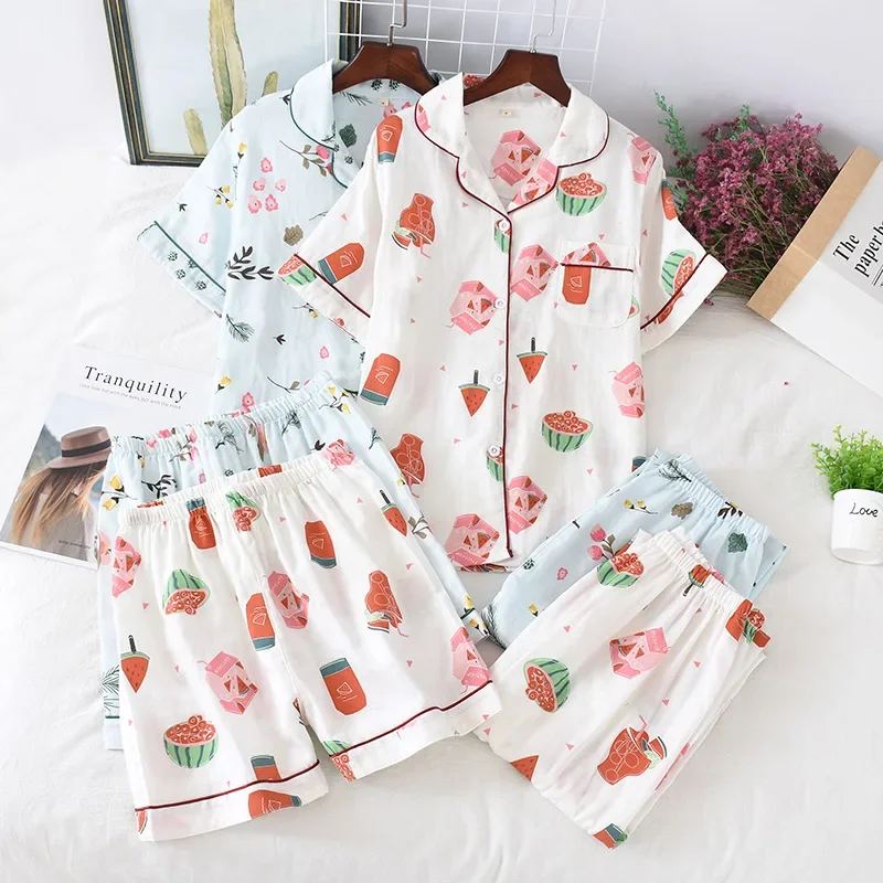 Top Trends: Three-piece Japanese-style Pajamas Women Spring And Summer Autumn 100% Cotton Gauze Short-sleeved Shorts Trousers Summer Suit Ho Shoppable Styles