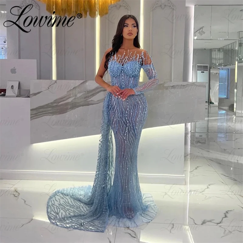 Top Trends: Blue Beaded Long Side Train Party Dresses 2023 Arabic One Shoulder Evening Dress For Women Mermaid Illusion Prom Gowns Customize Shoppable Styles