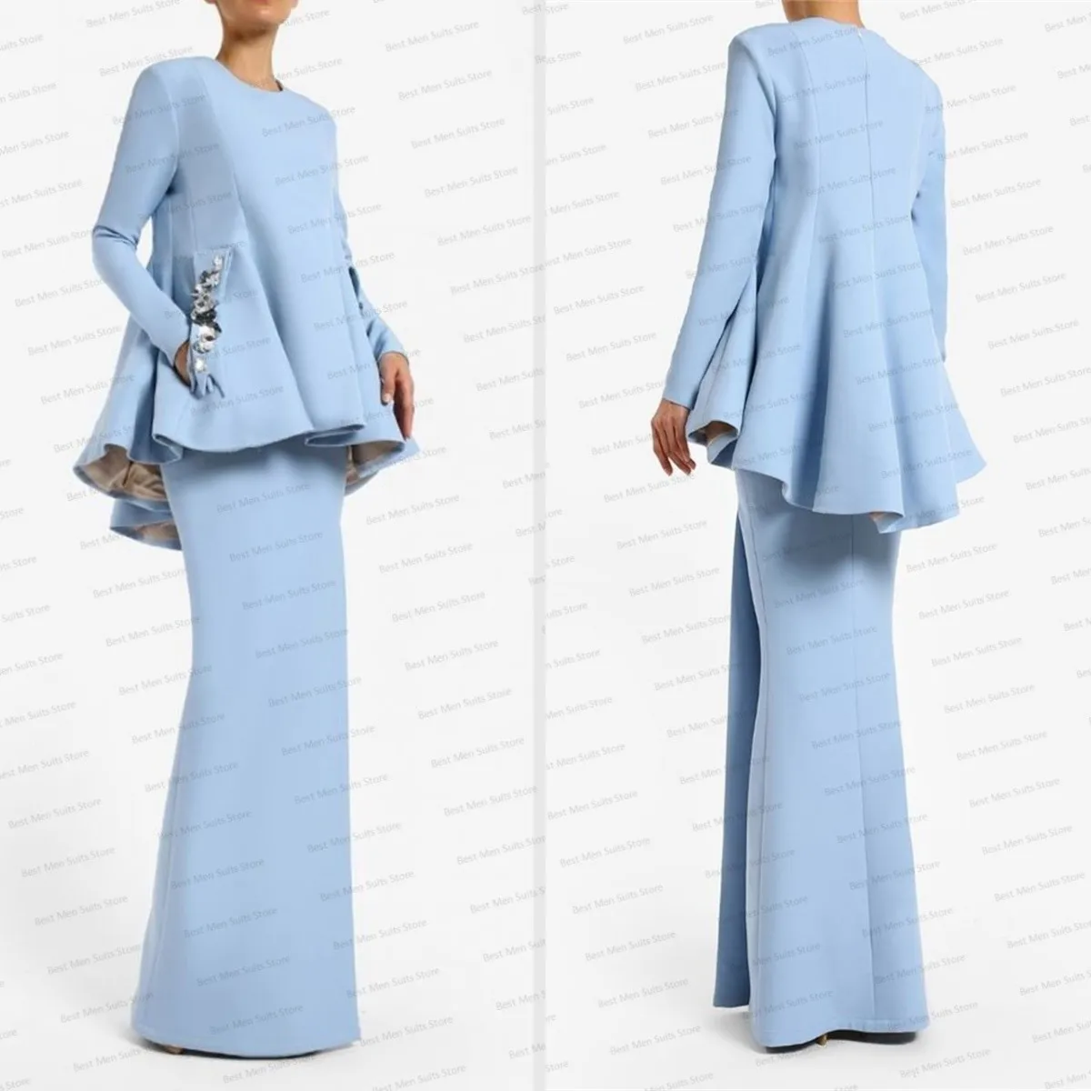 Top Trends: Sky Blue Mother Of Guest Prom Dress Women Skirt Suits Set Luxury Sequins Blazer 2 Pieces Jacket+ Long Party Gown Custom Made Shoppable Styles