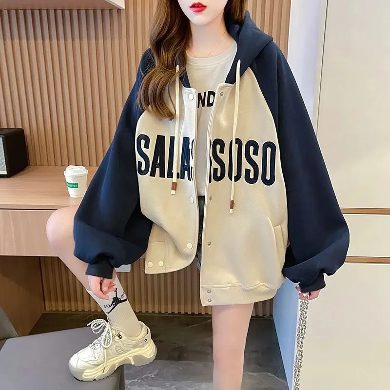 Top Trends: 2023 Hooded Cardigan Sweater Women's Autumn And Winter Plush Medium Long Loose Bf Lazy Style Sports Coat Baseball Uniform Shoppable Styles