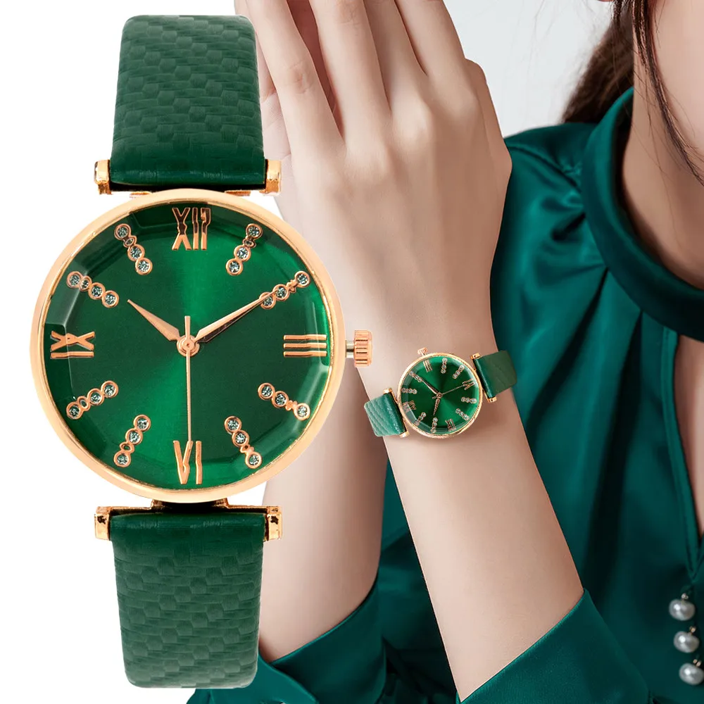 Top Trends: Luxury Ladies Brand Diamond Roman Design Lady Watches Dress Quartz Watch Fashion Green Leather Strap Women Wristwatches Shoppable Styles