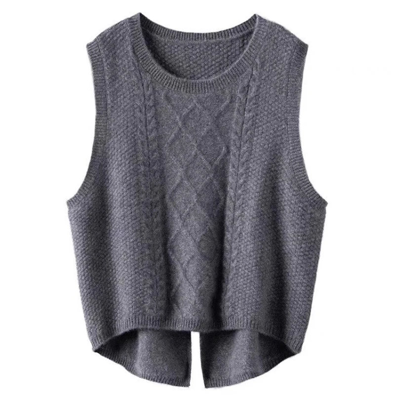 Top Trends: New Women's 100% Pure Wool Round Neck Vest Chic Tuxedo Vest Autumn And Winter Sleeveless DIY Vest Loose Short Split Knit Sweater Shoppable Styles - Image 6