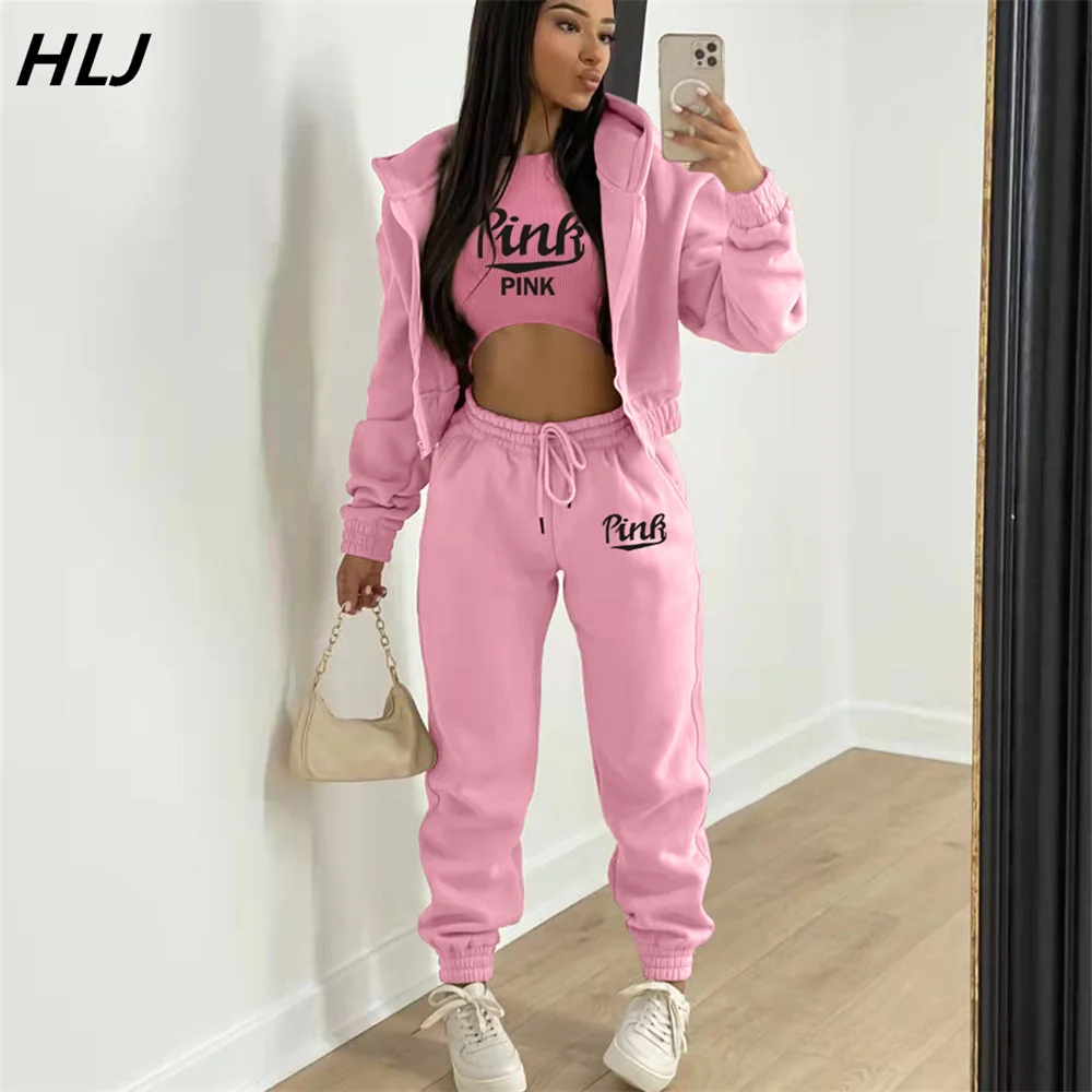 Top Trends: HLJ Winter Hooded Jogger Pants Sets Women Vest + Long Sleeve Zipper Coat + Skinny Pants 3 Piece Casual PINK Letter Print Outfits Shoppable Styles