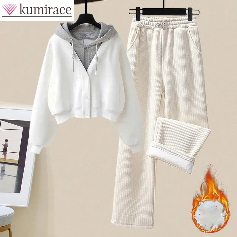 Top Trends: Plush And Thickened Hoodie Jacket Casual Wide Legged Pants Two-piece Elegant Women&#039;s Pants Set Winter Outfits Tracksuit Shoppable Styles