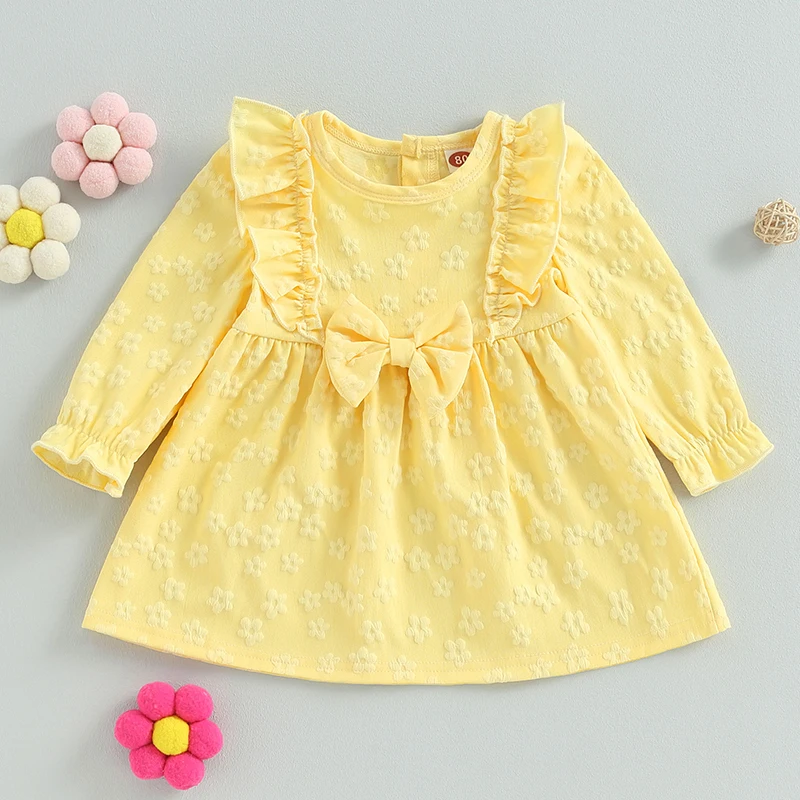 Top Trends: EWODOS Toddler Baby Girls Sweet Yellow Dress Sweet Long Sleeve Dress Crew Neck Flower Bow A-line Dress For Casual Daily Party Shoppable Styles