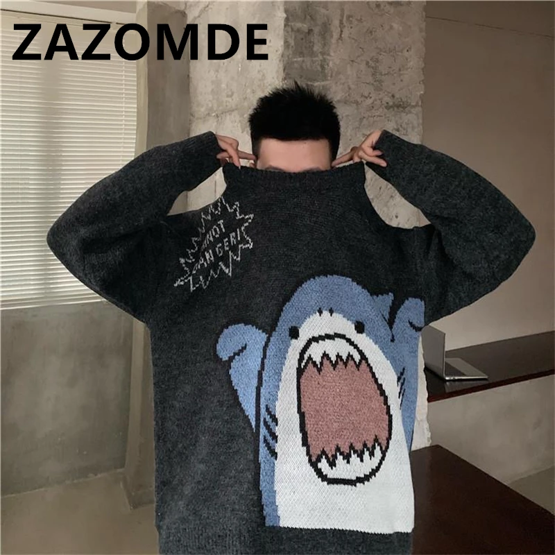 Top Trends: ZAZOMDE Men Vintage Knitwear Cartoon Shark Sweaters Winter Harajuku Oversized Pullover Sweater Unisex High Street Couple Clothes Shoppable Styles