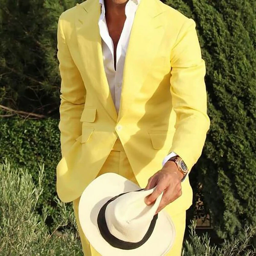 Top Trends: Men Suit Yellow Linen Beach Slim Fit 2 Piece Wedding Groom Tuxedo With Peaked Lapel Male Fashion Costume Blazer With Pants Shoppable Styles - Image 4