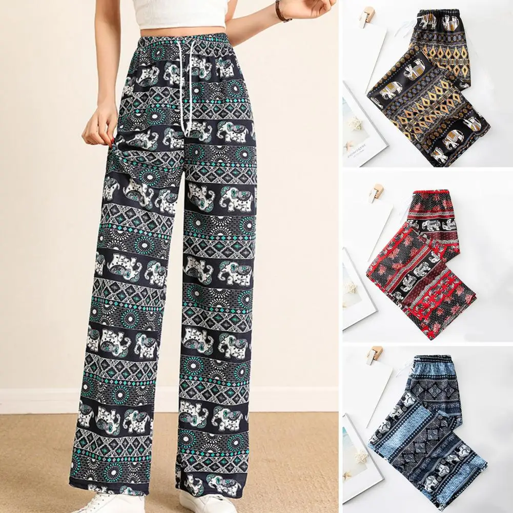 Top Trends: Dropshipping！High Waist Women's Pants Elastic Waistband Drawstring Retro Elephant Print Straight Wide Leg Pants Female Clothing Shoppable Styles