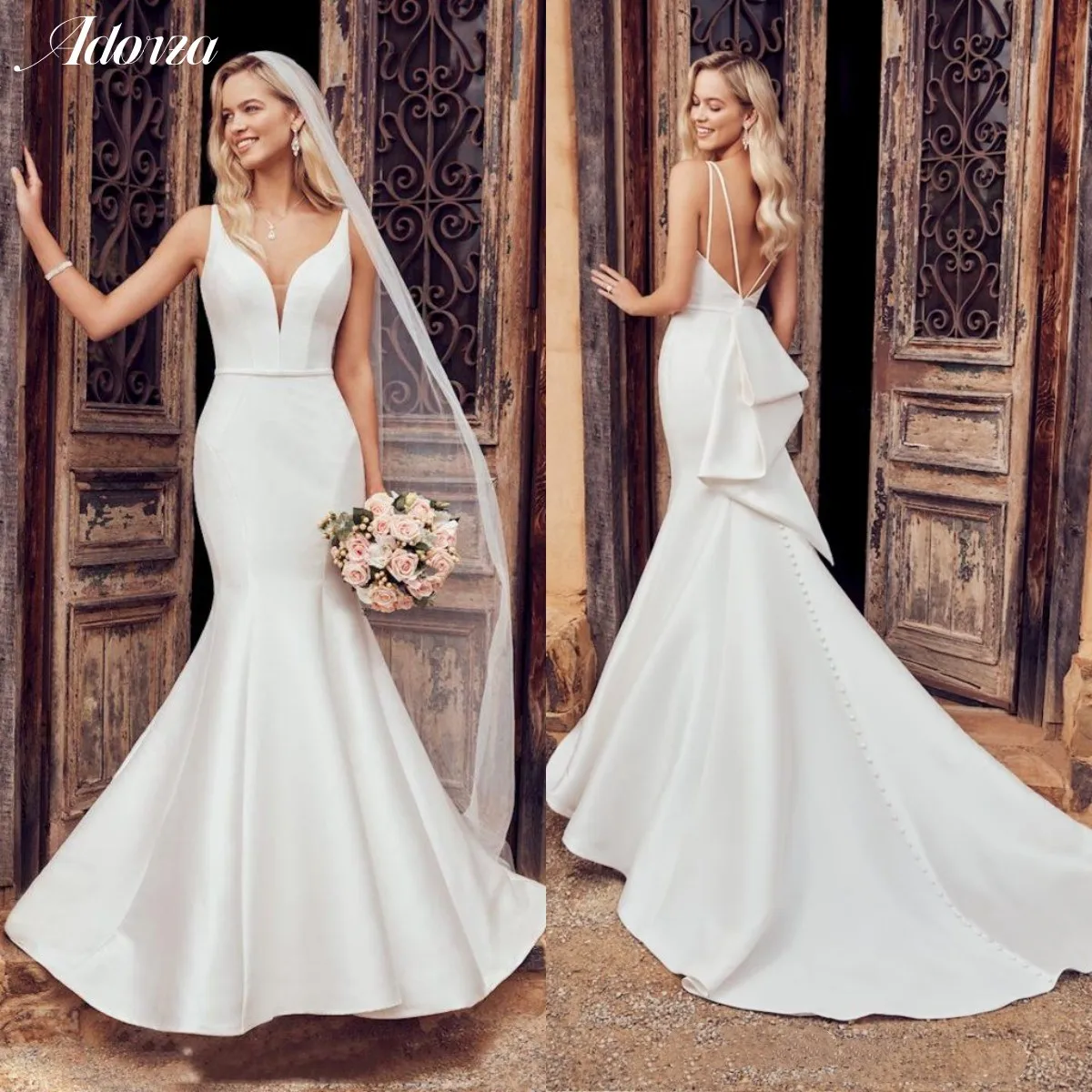 Top Trends: Sexy V-Neck Mermaid Wedding Dress Spaghetti Straps Deep V-Back With Bow And Button Minimalist Bride Gown Custom Vestido De Noiva Shoppable Styles