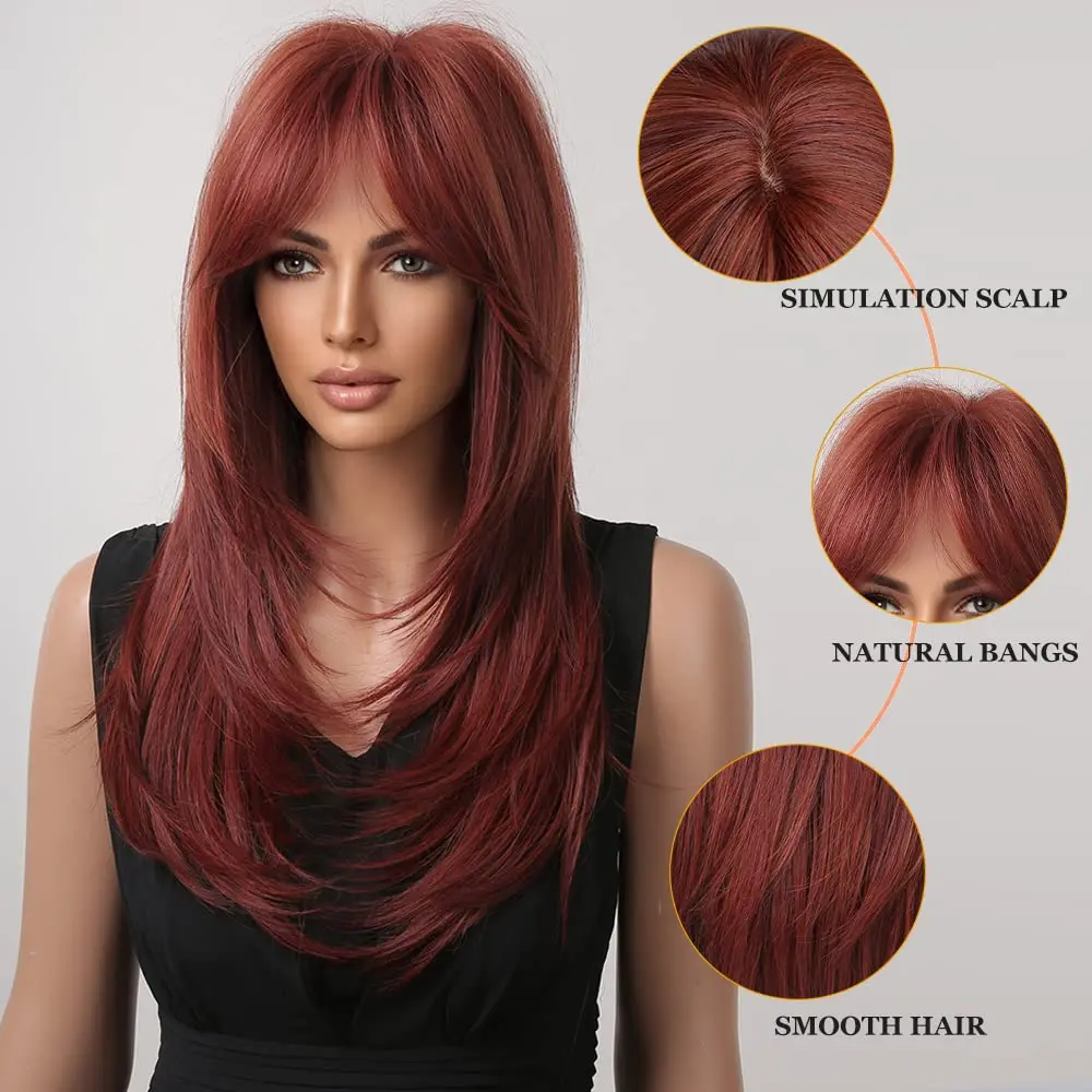 Top Trends: LOUIS FERRE Red Layered Synthetic Hair Wig Long Red Straight Wigs With Bangs Soft Natural Daily Party Use Heat Resistant Fiber Shoppable Styles - Image 3