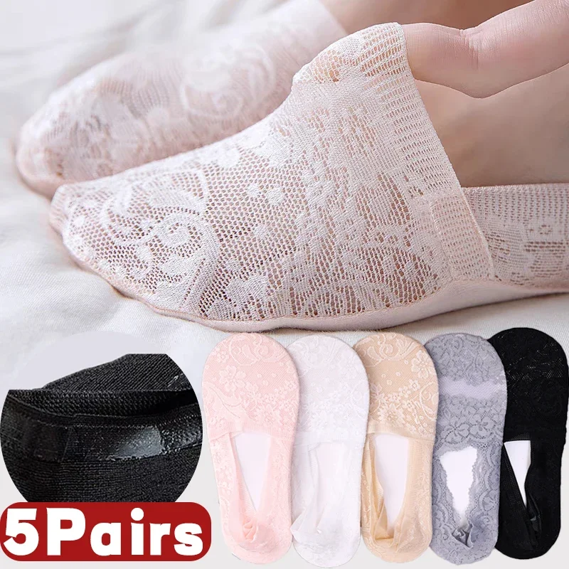 Top Trends: 5Pairs Lace Flower Short Socks Women Summer Silicone Non-slip Ankle Socks Invisible Slipper Cotton Hollow Socks Female Shoppable Styles