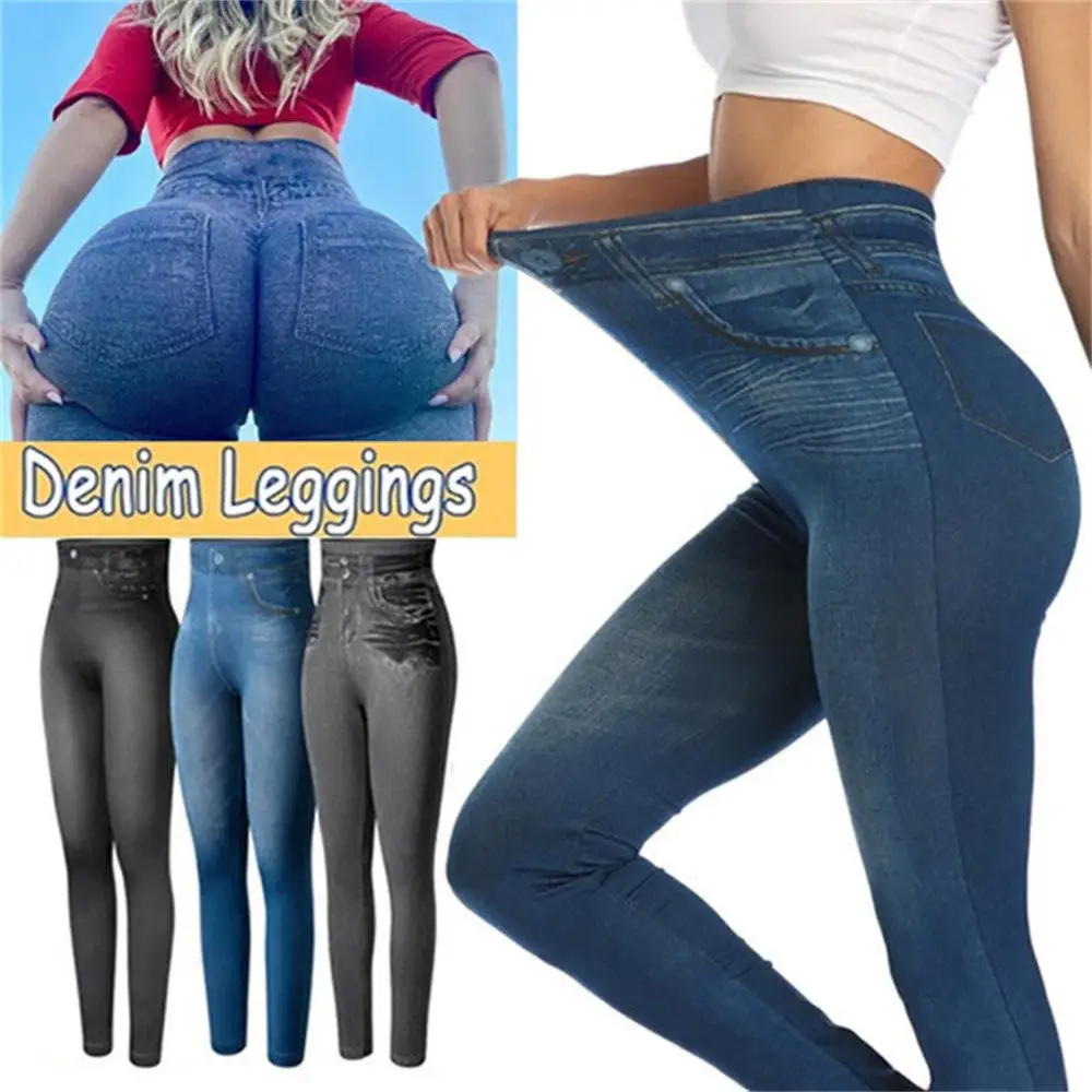 Top Trends: Women Jeggings Faux Denim Jeans Leggings High Waist Tummy Control Pencil Pants Sexy Plus Elastic Jeggings Soft Casual Thin Pants Shoppable Styles