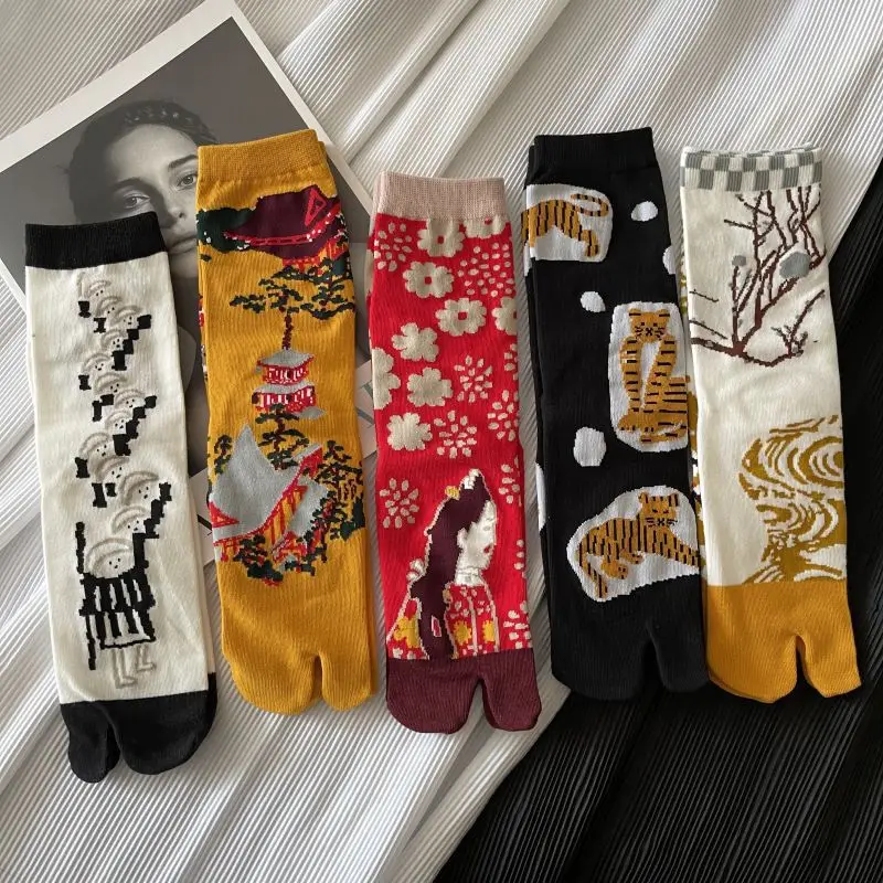 Top Trends: Women Colorful Combed Cotton Tabi Socks Funny Happy Cartoon Tiger Building Floral Soldier Harajuku Japanese Toe Socks Shoppable Styles