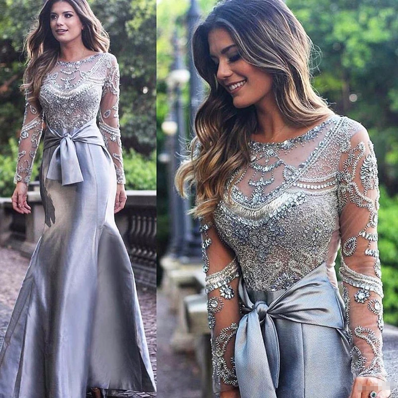 Top Trends: Latest Gorgeous Silver Mermaid Mother Of The Bride Dresses Long Sleeves Beading Jewel Neck Wedding Guest Gowns Bow Belt 2022 Shoppable Styles