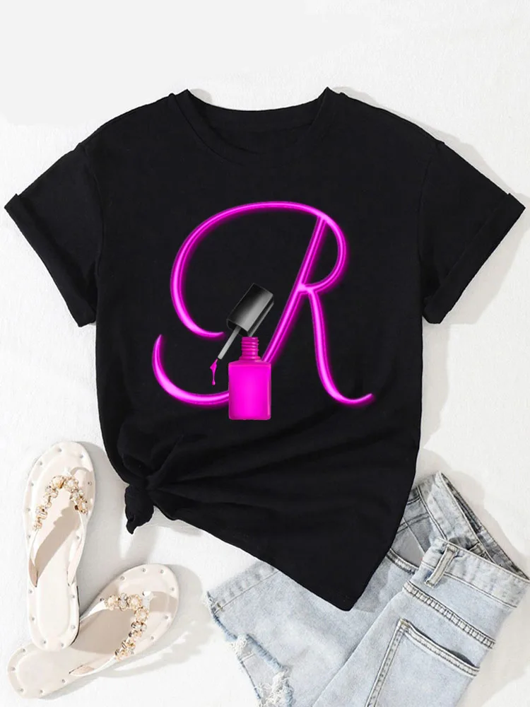 Top Trends: Women T-shirt Custom Name Letter Combination Nail Art Letter Font A B C D E F G Short Sleeve Tops Fashion Black T-shirt Clothing Shoppable Styles - Image 4