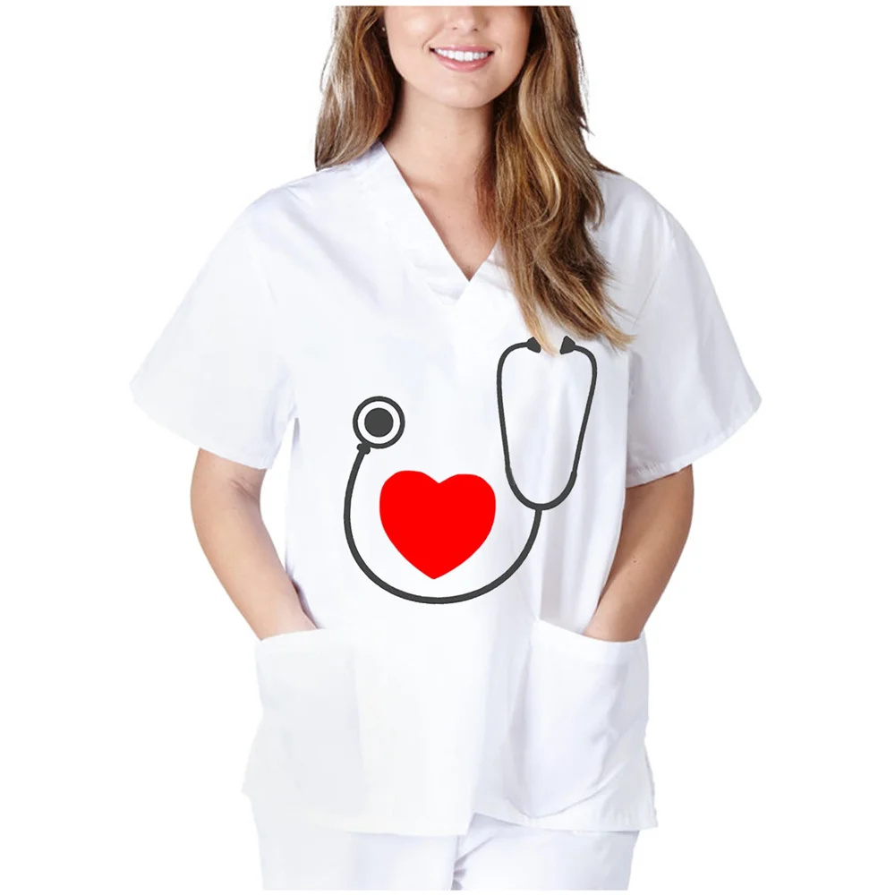 Top Trends: Women Heart Print Nurses Uniform Short Sleeve V-neck Tops Working Uniform Printing Pocket Blouse Tops Pet Grooming Uniforms New Shoppable Styles