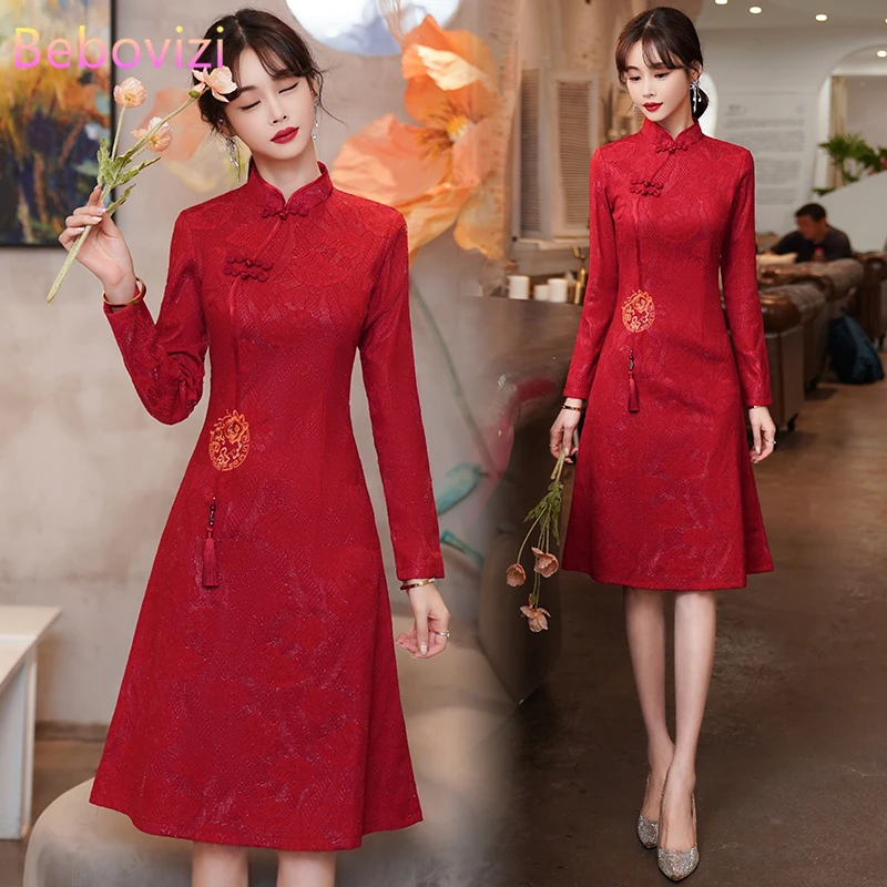 Top Trends: High-end Chinese Style Mom Embroidered Cheongsam Autumn Long Sleeve Red Pink Apricot Dress Dinner Qipao Clothing New Year CNY Shoppable Styles