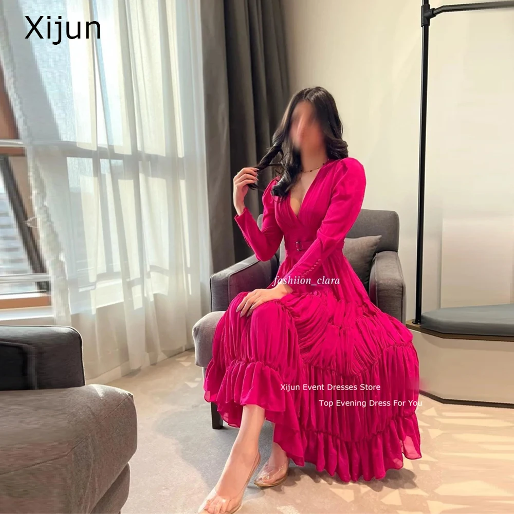 Top Trends: Xijun Hot Pink Simple Evening Dress Formal Prom Dress Occasion Party Dubai Long Sleeves V-Neck Prom Gowns Floor Length 2023 Shoppable Styles