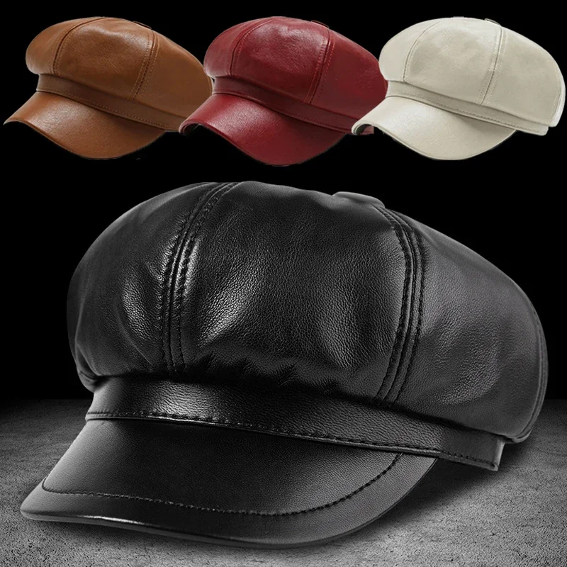 Top Trends: Autumn Winter PU Leather Octagonal Beret Hat Women Solid Color Berets Baseball Caps Ladies High Quality Newsboy Cap Panama Hats Shoppable Styles