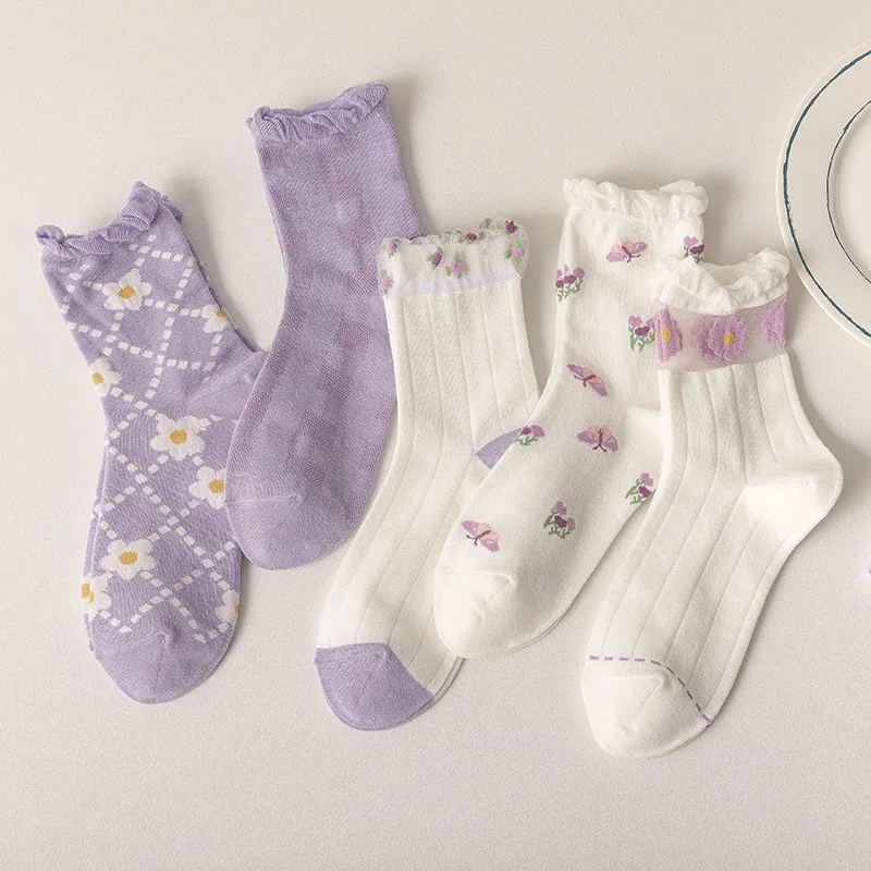 Top Trends: 2023 Spring And Summer New Socks Women&#039;s Purple Small Floral Plaid Tube Socks Card Stockings Solid Color Cute Student Socks Shoppable Styles