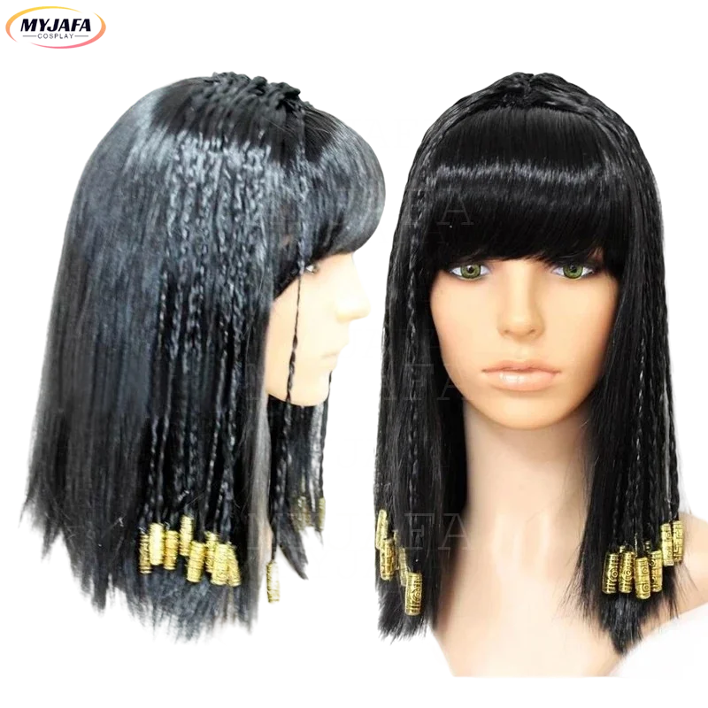 Top Trends: Cleopatra Cosplay Wig Ancient Egypt Queen Cosplay Vintage Braided Black Hair Gold Balls Decoration Halloween Party Wigs + WigCap Shoppable Styles