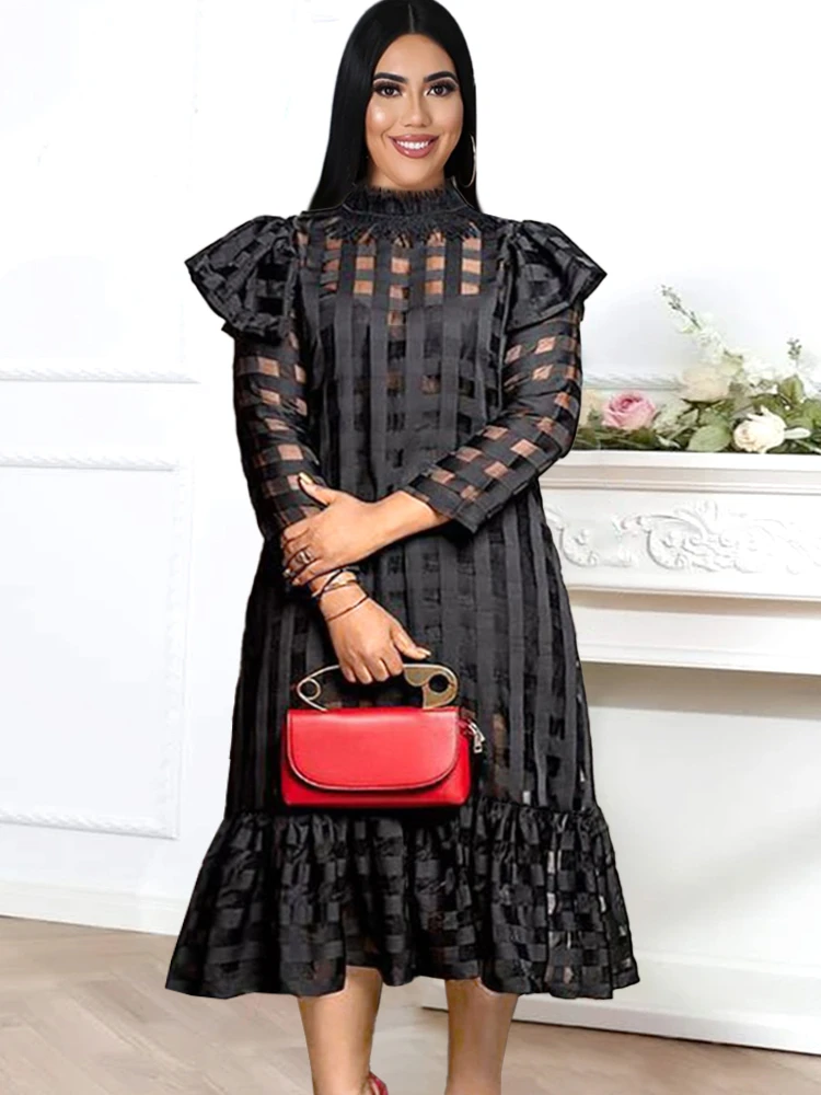 Top Trends: Plus Size Black Long Dress Plaid See Though Long Sleeve Midi Dresses Summer Autumn High Street Evening Party Club Outfits 2023 Shoppable Styles