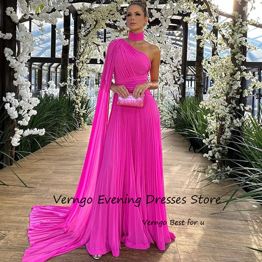 Top Trends: Verngo Arabic Fuschia Sexy Chiffon Prom Dresses One Cape Sleeve Dubai Party Formal Gown Beach Occasion Prom Gowns 2023 Brazil Shoppable Styles